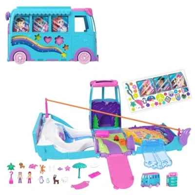 Abbildung von Polly Pocket Mikropuppen und umwandelbarer Camper, mit Accessoires wie Haustieren Spielzeugauto, mobiles Haustier Abenteuer Spielset, JCC22