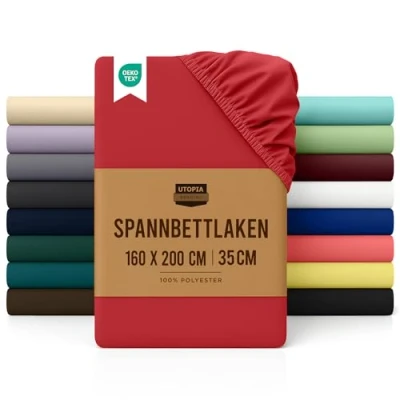 Abbildung von Utopia Bedding Spannbettlaken 160x200cm Rot Gebürstete Polyester Mikrofaser Spannbetttuch 35 cm Tiefe Tasche