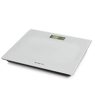 Abbildung von Digitale Personenwaage von Emerio mit präzisen Sensoren, Step On Technik, inkl. 2x AAA Batterien, LC Display, Einheiten in kg/lb/st, bis max. 180kg, Ultraschlank, Auto Off, Glas Weiß, 28x28x2cm