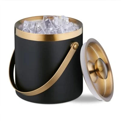 Abbildung von Relaxdays Eiswürfelbehälter, Edelstahl, doppelwandig, Eiseimer mit Deckel &amp; Henkel, 1,5 l, Eiswürfelkübel, schwarz/Gold