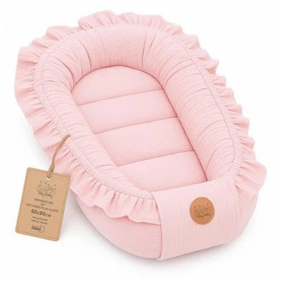 Abbildung von Babynest babynestchen neugeborene mit tragegriff 90 x 50 cm baby nestchen tragbar nest für bett kinder kuschelnest coccon Jungen und Mädchen Puderrosa Musselin C