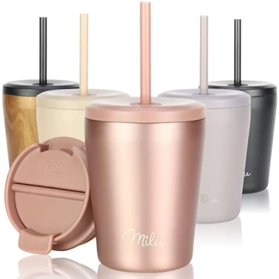 Abbildung von Milu Thermobecher 300ml, 400ml, 500ml 100% Auslaufsicher Edelstahl Kaffeebecher to go isoliert mit Strohhalm hält 10h heiß / 20h kalt, BPA frei (Rose Gold, 300ml)