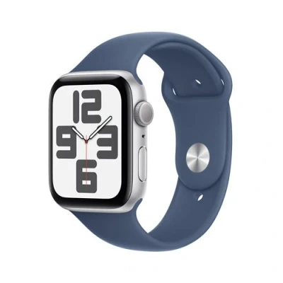 Abbildung von Apple Watch SE 2024 44mm Silber (Blaues Silikon Armband S/M)