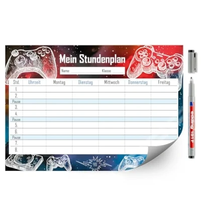 Abbildung von Gaming Stundenplan abwischbar I DIN A4 Rückseite selbstklebend Jungen Jungs Teenager, cool mit Stift Geschenk Idee dv490