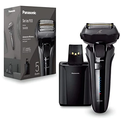 Abbildung von Panasonic Series 900 Premium Nass und Trocken Rasierer ES LV9U, 5 fach Scherkopf mit Linearmotor Bartdichtensensor Technologie, Pop up Trimmer, inklusive Reinigungs Ladestation, schwarz