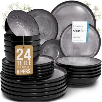 Abbildung von Steingut Geschirrset 6 Pers. Ibiza 24 tlg Hochwertiges Mediterranes TEST SEHR GUT Geschirr Set Schüssel und Teller Tafelservice Personen Geschirrsets Pure Living in Grau
