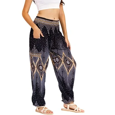 Abbildung von Lofbaz Damen Haremshose Yogahose Pumphose Hippie Hose Boho Kleidung Festival Outfit Sommerhose Leicht Sommer Hosen Floral 2 Schwarz XL