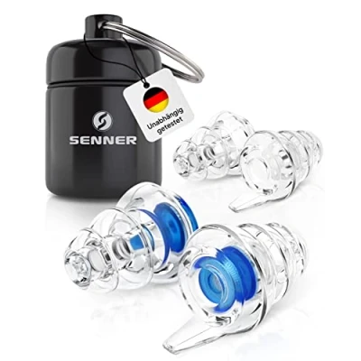 Abbildung von Senner MusicPro Gehörschutz für Festival, Konzert und Disco, Alubehälter Gehörschutzstöpsel/Hörschutz Erwachsene Arbeitsschutz, Ohrstöpsel Musik, Earplugs, blau/transparent