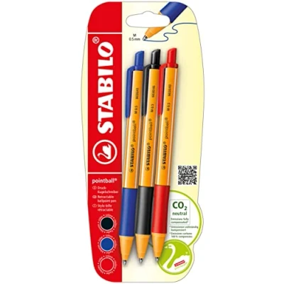 Abbildung von Druck Kugelschreiber STABILO pointball 3er Pack blau, schwarz, rot