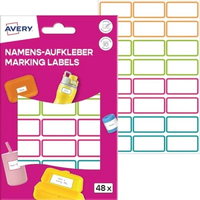 Abbildung von AVERY Zweckform NAME48C Namensaufkleber Kinder wasserfest 48 Stück (15x31mm, Folie, selbstklebende Namens Etiketten, beschriftbare Namensschilder, Spülmaschinenfest, für Schule, Kindergarten) bunt