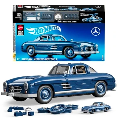 Abbildung von ​Mattel Brick Shop Hot Wheels Premium Serie Bauset, Mercedes Benz 300 SL mit 1600 Teilen, realistischen Details und Metallteilen, für Sammler, HWW25, [Mehrfarbig]