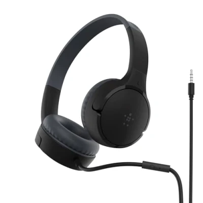 Abbildung von Belkin SoundForm Mini On Ear Kopfhörer mit Kabel für Kinder, Over Headset integriertem Mikrofon die Schule, Reisen und zum Spielen, Geräte 3,5 mm Klinkenanschluss Schwarz