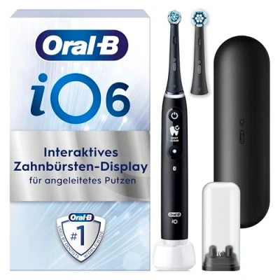 Abbildung von Oral B iO Series 6 Elektrische Zahnbürste/Electric Toothbrush, 2 Aufsteckbürsten, 5 Putzmodi für Zahnpflege, Display &amp; Reiseetui, Valentinstagsgeschenk Ihn/Sie, Designed by Braun, black lava