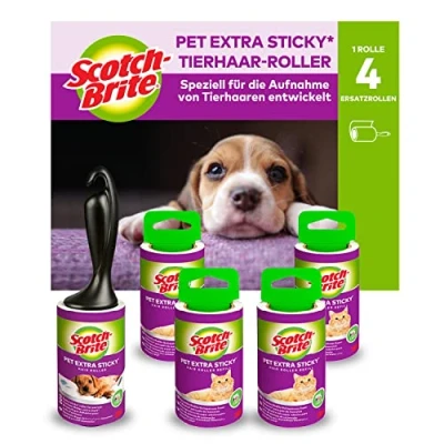 Abbildung von Scotch Brite Pet Extra Sticky Fusselrolle für Tierhaare, 48 Blatt, 5 Rollen mit 1 Abroller, 240 Blatt pro Packung Klebrige Kleidung, Haare, Katzenhaare, Hundehaare