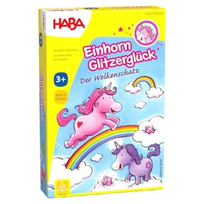 Abbildung von Haba 300123 Einhorn Glitzerglück Der Wolkenschatz, Zauberhaftes Würfelspiel mit 60 Glitzerkristallen für 2 4 Spieler ab 3 Jahren, schönes Geburtstagsgeschenk alle kleinen Fans