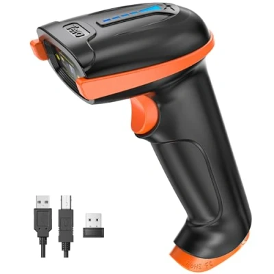 Abbildung von Tera Kabelloser Handheld Barcode Scanner 1D Laser Wireless und USB Wired mit Akkustandsanzeige, Extra Großem Akku 2000mAh Ergonomischem Design, Patent Nr.: EU008489413, Upgrade Modell 5100,Orange
