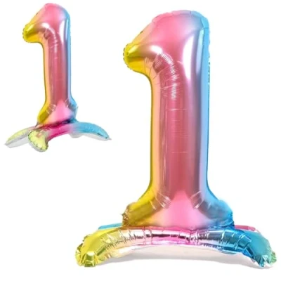 Abbildung von Luftballon 1. Geburtstag Zahl 1 Mehrfarbig Pastell Stehende XXL Riesen Folienballon 82cm Geburtstagsdeko Ballon Deko zum Geburtstag.