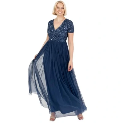 Abbildung von Maya Deluxe Damen Ballkleid Abendkleid V Ausschnitt Maxi Länge Pailletten Kurze Ärmel für Hochzeit Geburtstag Brautjungfer Brautjungfernkleid, French Navy, 56