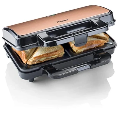 Abbildung von Bestron XL Sandwichmaker, Antihaftbeschichteter Sandwich Toaster für 2 Sandwiches, inkl. automatischer Temperaturregelung &amp; Bereitschaftsanzeige, 900 Watt, Farbe: Schwarz/Kupfer