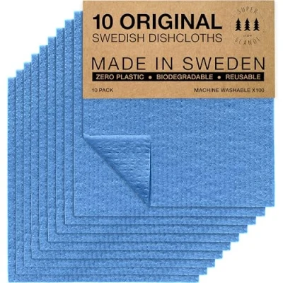 Abbildung von SUPERSCANDI Schweden Geschirrtücher, umweltfreundlich, wiederverwendbar, nachhaltig, biologisch abbaubar, Zellstoff Schwamm, Ersatz Reinigungstücher 10er Pack Blau