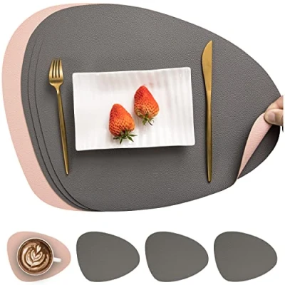 Abbildung von Myir JUN Tischsets Leder und Untersetzer, Abwaschbar Rund Doppelseitigen rutschfest Platzdeckchen Kunstleder Tischset Lederoptik Platzset (Grau Rosa, Satz von 4)