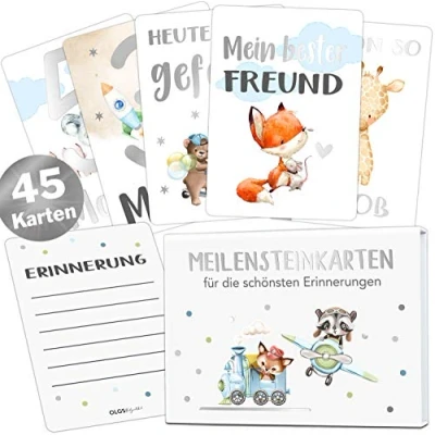 Abbildung von OLGS Baby Meilensteinkarten Junge Silber 45 Meilenstein Karten Set, Erinnerungskarten, Monatskarten, Milestones + Magnetbox, Geschenkidee zur Geburt Taufe, Babyparty, Babyshower