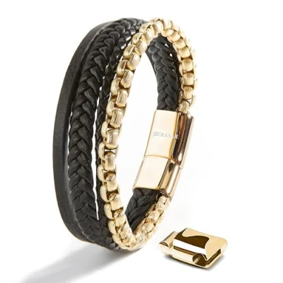 Abbildung von SERASAR Lederarmband für Männer 20cm Gold Herren Armband Leder Armreif Lederband Herrenarmreif Armschmuck Schmuck Herrenschmuck Armkette Flecht Wickelarmband Kette