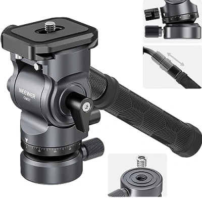 Abbildung von NEEWER Fluidkopf für Videostativ mit +/ 10 Nivellierbasis (⌀37mm), Metall Stativkopf Videokopf Arca Typ Schnellwechselplatte, Teleskopgriff Videokameras, DSLR, Max Last 4kg, GM27 Grau