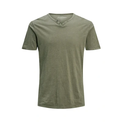 Abbildung von JACK &amp; JONES Herren Basic T Shirt V Ausschnitt Kurzarm Jersey Baumwolle mit Knöpfen JJESPLIT, Farben:Grün, Größe:L