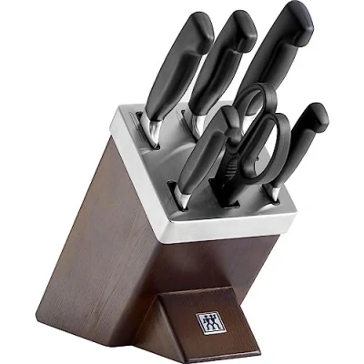Abbildung von ZWILLING Vier Sterne Selbstschärfender Messerblock, 7 teilig, Messer und Schere aus rostfreiem Spezialstahl/Kunststoff Griff, Holzblock Braun [Made in Germany]
