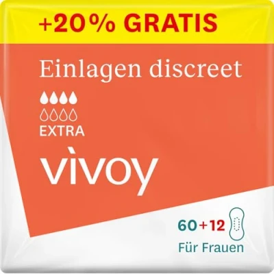 Abbildung von Vivoy Discreet Extra 72 Einlagen im Monatspaket (6 x 12 Stück) bei mittlerer Blasenschwäche und Inkontinenz Hygieneeinlagen für Frauen einzeln verpackt