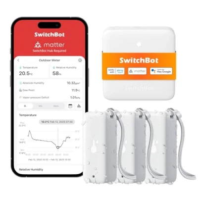 Abbildung von SwitchBot WLAN Hygrometer Thermometer Innen Außen 3 Pack with Hub Mini Matter, IP65 Wasserdichter Temperatur und Feuchtigkeitssensor mit App Benachrichtigung kostenlose Datenspeicherung