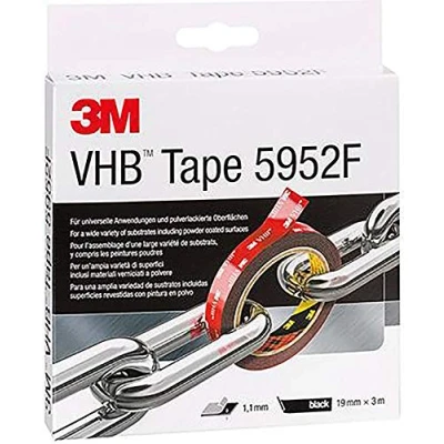 Abbildung von 3M VHB 5952F Montage Klebeband doppelseitig starke und dauerhafte Verbindung von Metallen, pulverbeschichteten Lacken, Glas, versiegeltem Holz, ABS 19mm x 3m, Schwarz, Dicke: 1.1mm (1 er Pack)