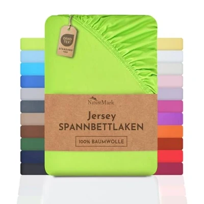 Abbildung von NatureMark Jersey Spannbettlaken, Spannbetttuch 100% Baumwolle in vielen Größen und Farben MARKENQUALITÄT ÖKOTEX Standard 100 180 x 200 cm Apfel grün