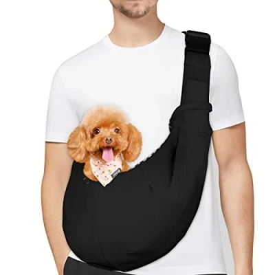 Abbildung von PetLoft Tragetuch Hund, Reversibel Kleine Hundetrage, Einstellbar Pet Tragetuch, Freisprecheinrichtung Cross Body Carrier mit Halsband für Hund/Katze/Hase, Schwarz