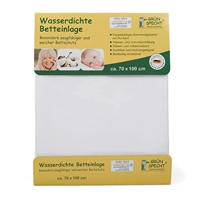 Abbildung von GRÜNSPECHT Wasserdichte Betteinlage 70x100cm, Matratzenschutz, 100 % Baumwolle mit PU Kern, kochfest &amp; trocknergeeignet, wasserdicht urinundurchlässig (164 00)
