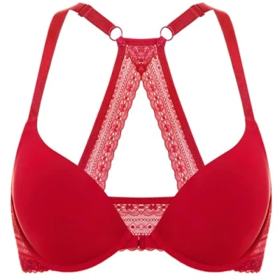 Abbildung von DOBREVA Damen Vorderverschluss Push Up BH mit Bügel Soft T Shirt Tiefen Ausschnitt BHS Neckholder Gepolsterter Lippenstift Rot 75A