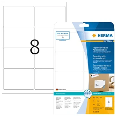 Abbildung von HERMA 10018 Universal Etiketten blickdicht ablösbar, 25 Blatt, 99,1 x 67,7 mm, 8 pro A4 Bogen, 200 Stück, selbstklebend, bedruckbar, matt, blanko Papier Klebeetiketten Aufkleber, weiß