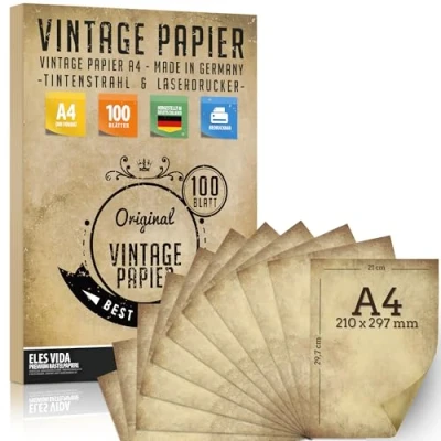 Abbildung von 100 Stück DIN A4 Vintage Briefpapier 100g/m Altes Bastelpapier für Urkunden Schatzkarten Bastel Karten, Hochzeit, Geschenke, Nostalgie, Papier, Scrapbooking Motivpapier MADE IN GERMANY