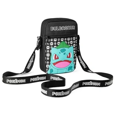Abbildung von Pokemon Kinder Umhängetasche, Pikachu Reisetasche mit Verstellbarer Schultergurt, Großes Hauptfach Reißverschluss Geschenke (Schwarz Bulbasaur)