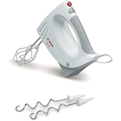 Abbildung von Bosch Handrührer MFQ3530, Handrührgerät, 2 Rührbesen, Edelstahl Knethaken,spülmaschinengeeignet, 5 Stufen, 450W, Weiß/Grau