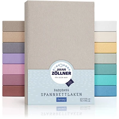 Abbildung von Julius Zöllner Jersey Spannbettlaken für Baby &amp; Kinderbett, 100% Baumwolle, OEKO TEX Standard 100 zertifiziert, Größe: 60x120cm / 70x140cm, 2er Pack, taupe