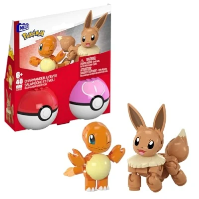Abbildung von MEGA Pokémon Actionfigur Bauspielzeug Set, Pokéball 2er Pack, Glumanda und Evoli mit 40 Teilen, für Kinder, JCR81