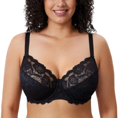Abbildung von DELIMIRA Damen Vollschalen BH ungefütterte Spitze Tüll Cup,mit Bügel Schwarz 95C