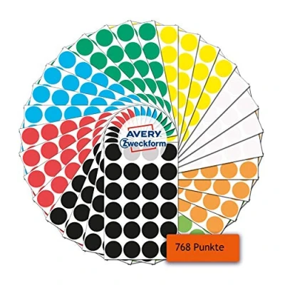 Abbildung von AVERY Zweckform 59998 selbstklebende Markierungspunkte 768 Stück (Ø18mm, 8 Farben mit je 96 Klebepunkten auf 4 Bogen, Farbcodierung, runde Aufkleber für Kalender, Planer und zum Basteln, Papier)