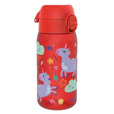 Abbildung von ion8 Kinder Trinkflasche, 350ml, Auslaufsicher, Einhandöffnung, Sichere Verriegelung, Spülmaschinenfest, BPA frei, Tragegriff, Klappdeckel, Leicht zu Reinigen, Klimaneutral, Rot Einhörner