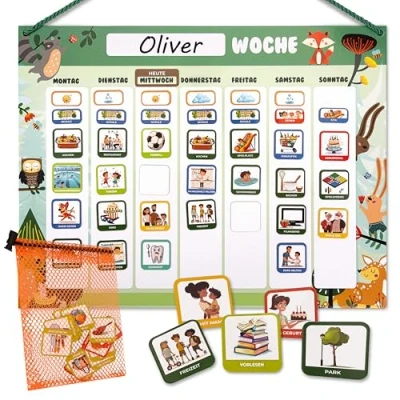Abbildung von Wochenplaner Kinder Montessori Magnettafel inkl. 200 Magnete Komplett beschreib und abwischbar Förderung der Selbstständigkeit