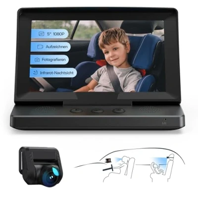 Abbildung von WOLFANG 1080P Baby Autokamera: USB C Plug and Play, einfache Einrichtung, 5 Zoll Bildschirm fürs Auto Babyphone mit Nachtsichtkamera, breite, klare Sicht für den Rücksitz