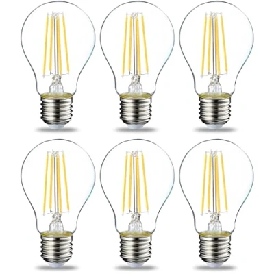 Abbildung von Amazon Basics Warmweiß LED Leuchtmittel, Edison Sockel E27, 7 W (entspricht 60 Glühbirne), nicht dimmbar, klares Filament, 6er Pack