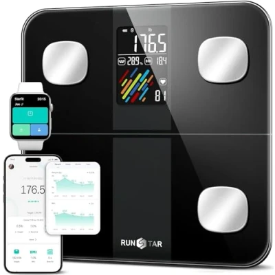 Abbildung von RunSTAR Körperanalysewaage, Digitale Waage mit hoher Genauigkeit und großem Display für BMI, Herzfrequenz Analyse von 15 Körperwerte, synchronisierbar Fitness App, Tragfähigkeit bis zu 180 kg